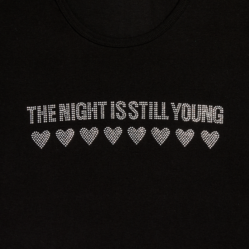 The Night Is Still Young Rhinestone Baby Tee Detail